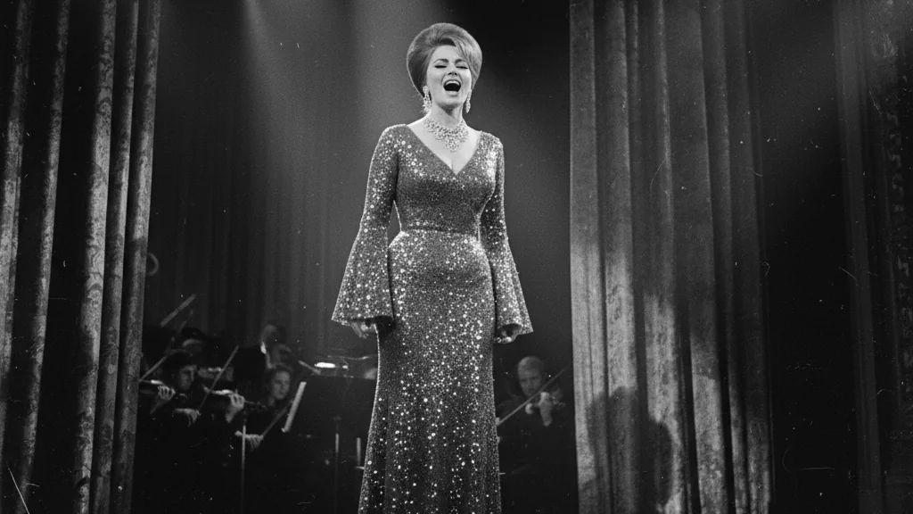 Claudia interpretando una canción en un escenario teatral
