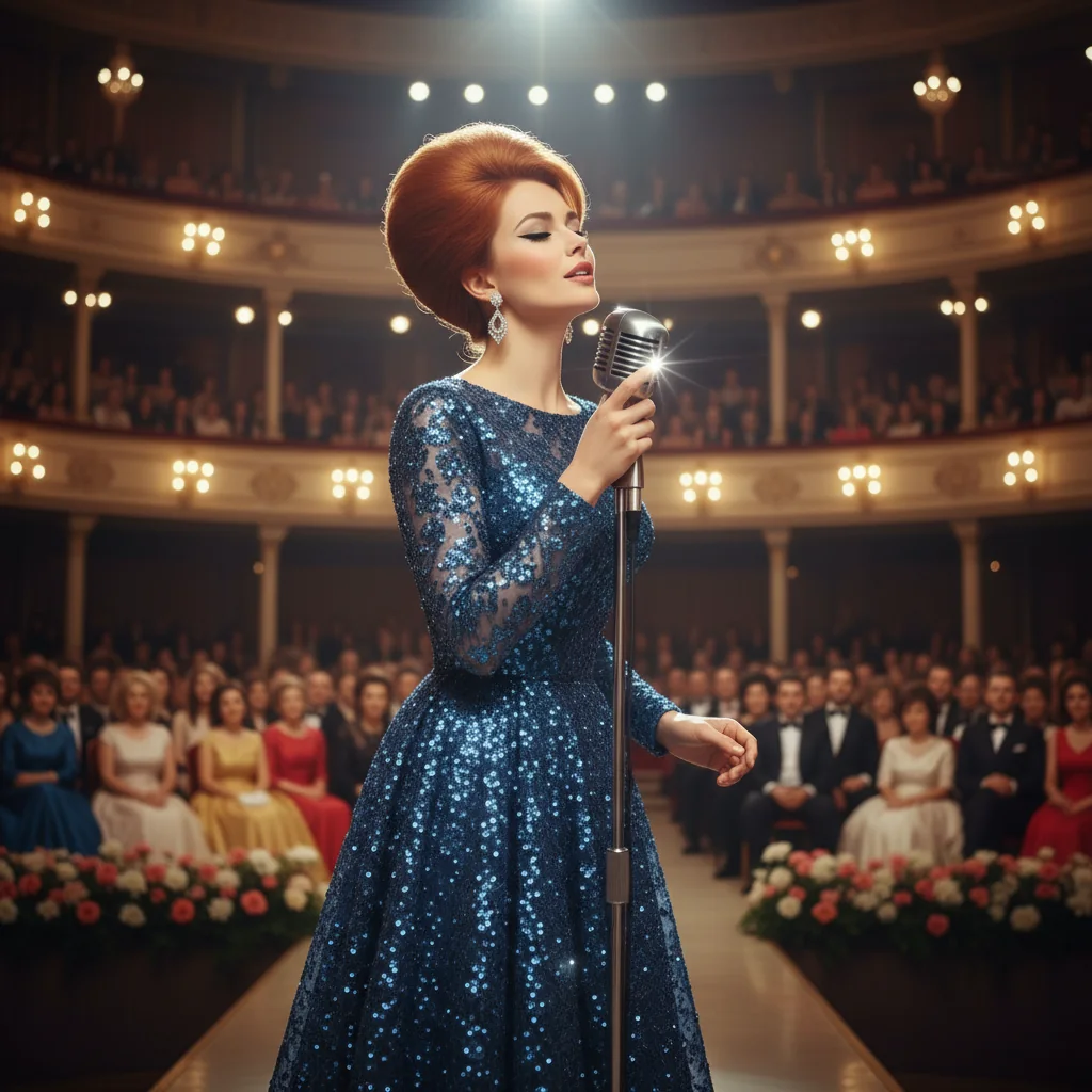Claudia cantando con vestido azul ante un gran público